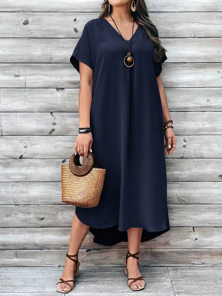 Elegant plus size women's casual V-neck dress for spring and summer.