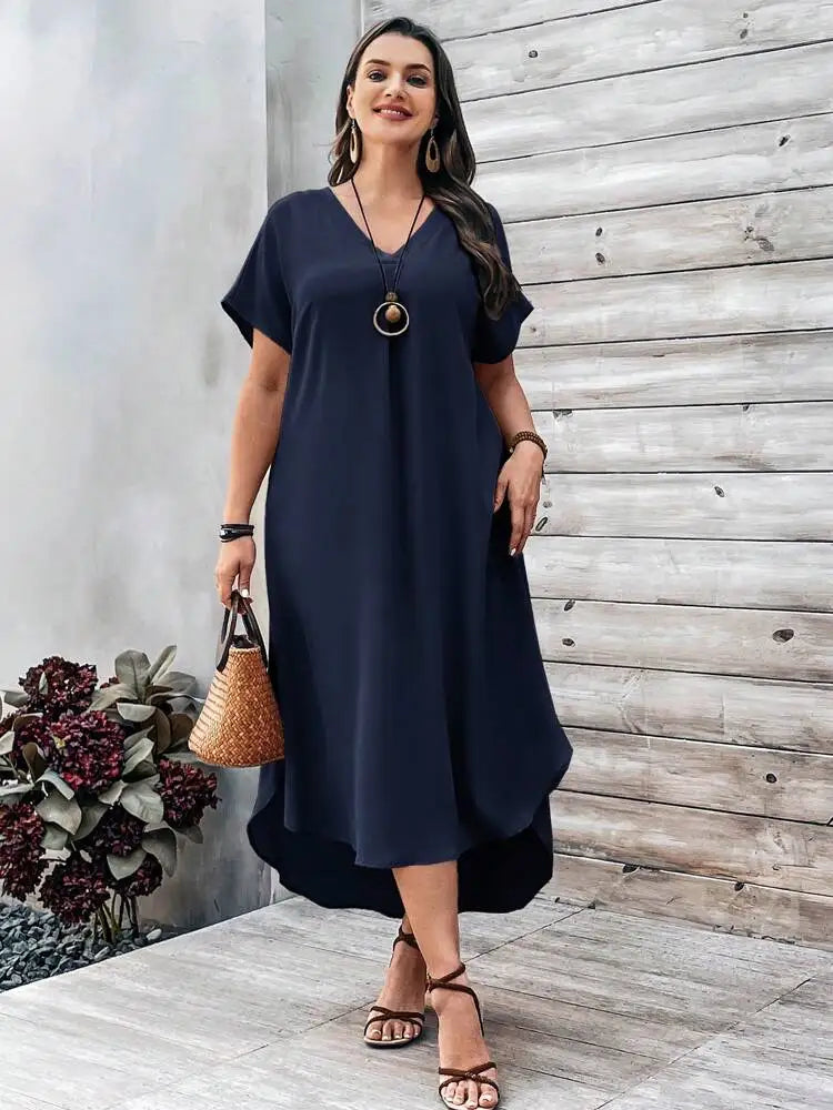 Elegant plus size women's casual V-neck dress for spring and summer.