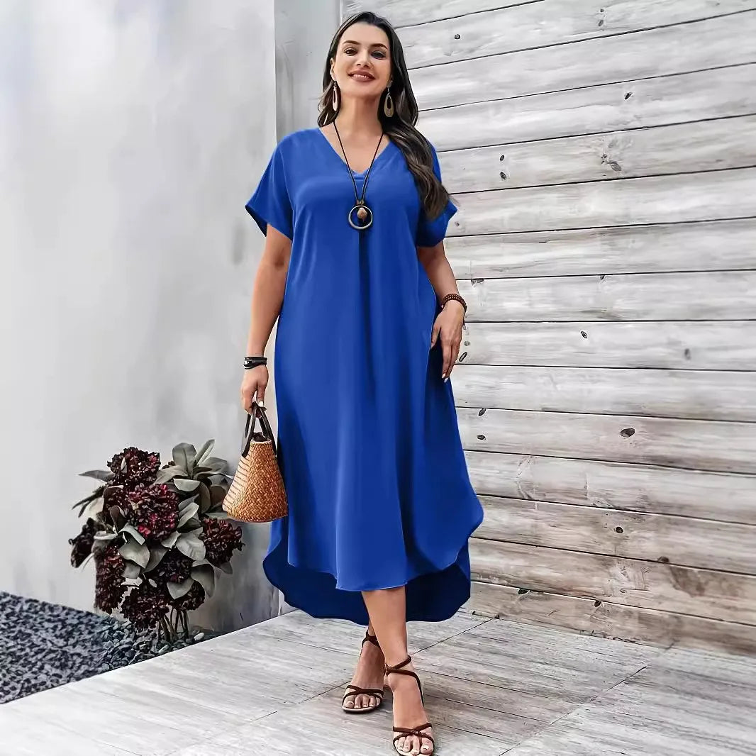 Elegant plus size women's casual V-neck dress for spring and summer.