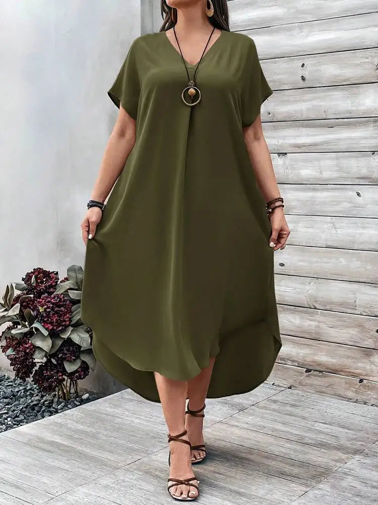 Elegant plus size women's casual V-neck dress for spring and summer.