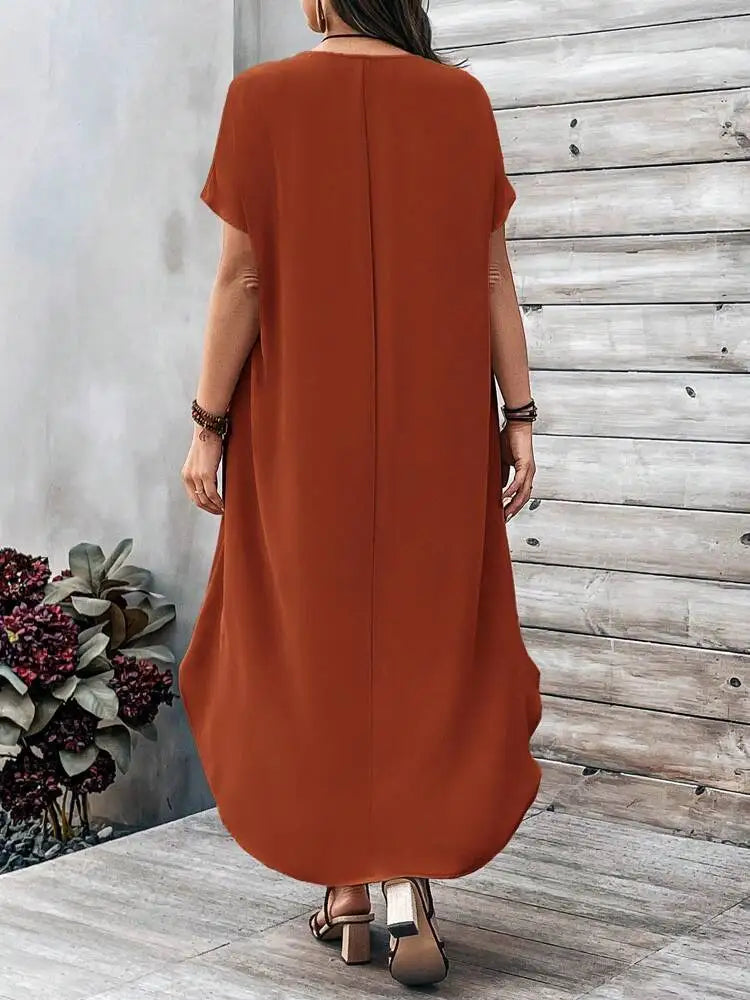 Elegant plus size women's casual V-neck dress for spring and summer.